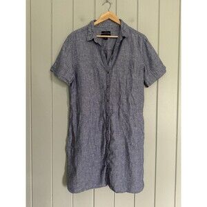 Tahari 100% Linen Blue Button Front Shirt Dress L Large Coastal Beach Boho